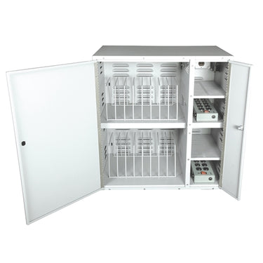 Hamilton Buhl PowerStacker Tower Charging Cabinet for organizing bulk school headphones and devices.